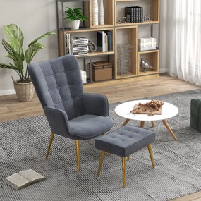 Poltrona com apoio para os pés, poltrona de sala estofada com encosto alto, pés em aço dourado e tecido de veludo, cinzento escuro