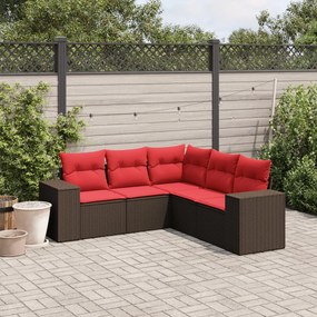 vidaXL 5 pcs conjunto sofás p/ jardim c/ almofadões vime PE castanho