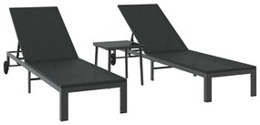 Espreguiçadeiras 2 pcs com Rodas e Mesa em Rattan Preto