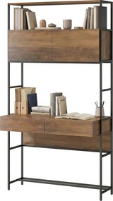 Secretária de computador com 2 gavetas, 100 x 45 x 185 cm, secretária com espaço de arrumação, 2 portas e prateleiras abertas, castanho