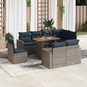 9 pcs conjunto sofás p/ jardim com almofadões vime PE cinzento