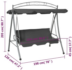 Baloiço jardim convertível + toldo 198x120x205cm aço antracite
