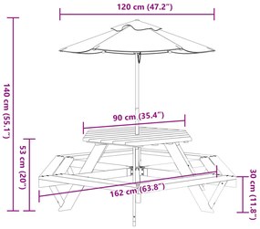 Mesa de piquenique para 6 crianças com guarda-sol abeto maciço