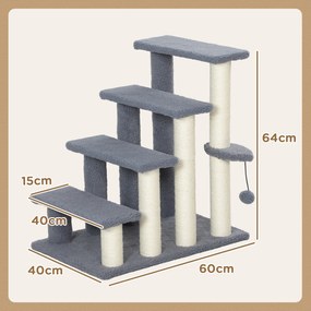 Arranhador para Gatos de 4 Níveis Escada para Animais de Estimação Revestida com Franela Suave Poste de Sisal Bola Suspensa 60x40x64 cm Cinzento