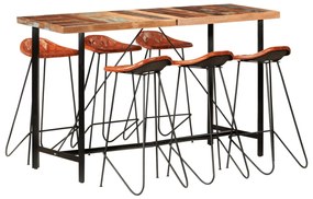 vidaXL 7 pcs conjunto de bar madeira recuperada maciça e couro genuíno