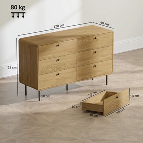 Cómoda com 6 gavetas, móvel de arrumação de estilo moderno, com cantos arredondados e pés em aço, 120 x 40 x 75 cm, com efeito de madeira de carvalho