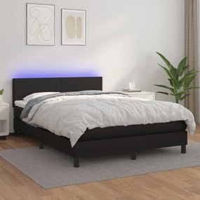 Cama box spring c/ colchão/LED 140x200cm couro artificial preto