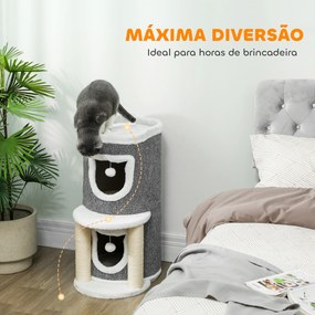 Arranhador para Gatos com Cama 2 Cavernas Postes de Sisal Tapete de Arranhar e Bolas para Brincar 50x36x76 cm Cinzento