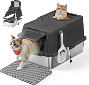 Caixa de areia em aço inoxidável com pá e escova para gatos grandes  61 x 41 x 36,5 cm Preto