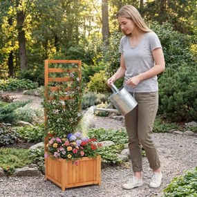 Floreira de jardim de madeira com treliça 42,5 x 40,5 x 123 cm com orifícios de drenagem e espaços para plantas trepadeiras Flores laranja