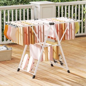 Estendal dobrável 141 x 56 x 99–148 cm com braços ajustáveis, pinças para meias e prateleira para sapatos, estendal para roupa, cor branca