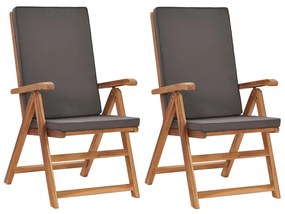 vidaXL Cadeiras jardim reclináveis + almofadões 2pcs teca maciça cinza