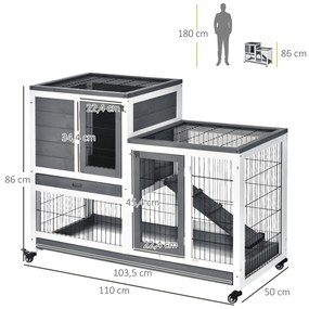 Coelheira de Madeira Interior com Rodas Gaiola para Coelhos Animais Pequenos de 2 Pisos com Zona Aberta Rampa e 2 Bandejas Removíveis 110x50x86cm Cinz