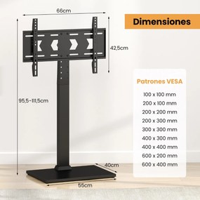 Suporte de TV de chão ajustável em altura 95,5-111,5 cm com Estante AV para TVs de 32-70 polegadas até 50 kg Preto