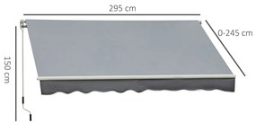 Outsunny Toldo Manual Retrátil com Manivela 295x245cm Toldo Enrolável Alumínio com Proteção Solar para Janela Portas Balcão Terraço Exterior Cinza