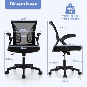 Cadeira de escritório ergonómica giratória ajustável com apoios de braços rebatíveis Encosto em 2 partes Encosto giratório de 30° Preto