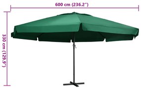 Guarda-sol de jardim com poste de alumínio 600 cm verde