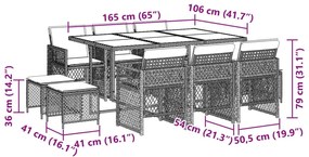 11 pcs conjunto de jantar p/ jardim com almofadões vime PE bege