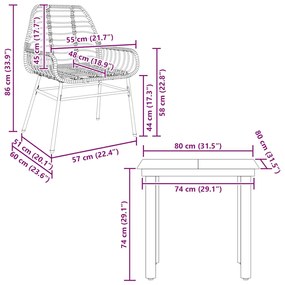 Conjunto jantar jardim 3 peças vidro vime PE castanho