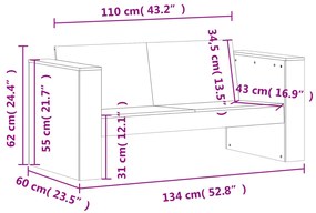 Sofá de 2 lugares para jardim 134x60x62 cm pinho impregnado