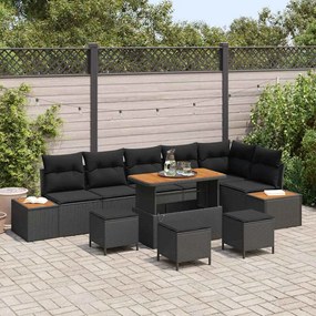 Conjunto de Sofá para Jardim de 10 Peças com Almofadas Preto Vime Sintético Acácia