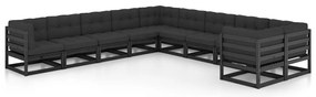 10 pcs conjunto longue jardim c/ almofadões pinho maciço preto