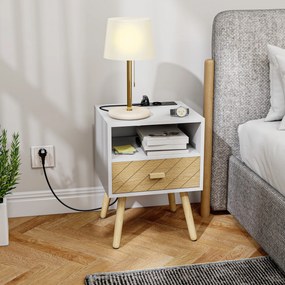 Mesa de Cabeceira com Estação de Carregamento Gaveta 2 Tomadas AC Porta USB e Tipo-C  40x35x54,7 cm Branco