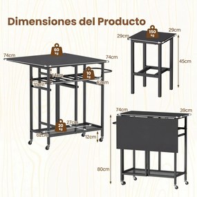 Conjunto de mesa de jantar alta de 3 peças com 2 bancos, suporte para 6 garrafas, estantes e pega lateral, mesa dobrável para cozinha, preta