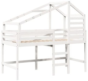 Cama alta c/ escada e telhado 80x200 cm pinho maciço branco