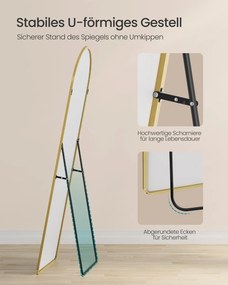 Espelho Pé de corpo inteiro de 160 x 50 cm com moldura arqueada em vidro temperado dourado