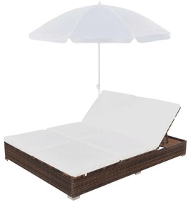 Espreguiçadeira de exterior com guarda-sol vime PE castanho