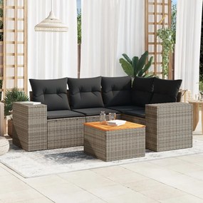 5 pcs conjunto sofás de jardim c/ almofadões vime PE cinzento