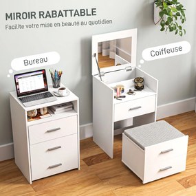 Conjunto de Toucador e Banco com Rodas, 50 x 40 x 113,5 cm, Espelho Rebatível, Branco