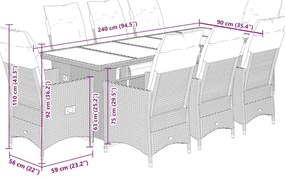 9 pcs conjunto de bistrô p/ jardim c/ almofadões vime PE preto