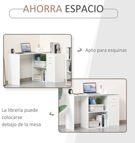 HOMCOM Secretária de Canto Secretária Giratória 180º com 2 Prateleiras 1 Gaveta 1 Armário para Escritório Casa 117x82x74cm Branco