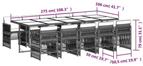 11 pcs conjunto jantar p/ jardim c/ almofadões vime PE cinzento