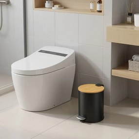 Caixote do lixo para casa de banho de 6 litros, com tampa de bambu, com pedal Preto