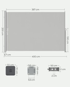 Toldo lateral, extensível, 200 x 400 cm, ecrã de privacidade Cinzento