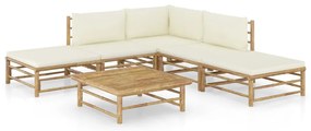 6 pcs conj. lounge p/ jardim em bambu c/ almofadões branco nata