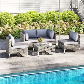 Conjunto de jardim de 5 peças em rattan com mesa de centro em vidro temperado Almofadas para assento e encosto cinza