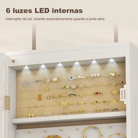 Espelho de Joias com Luz LED, Armário Montado na Parede ou Porta com Fechadura e Espelho Branco de Corpo Inteiro