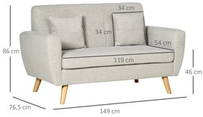HOMCOM Sofá de 2 Lugares Estofado em Linho Sintético Sofá Moderno de Sala de Estar com 2 Almofadas Amovíveis Apoio para os Braços e Pés de Madeira 149x76,5x86cm Creme