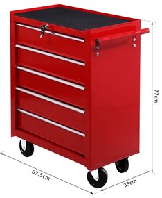 Carrinho de Ferramentas metálico 5 gavetas e 4 rodas Vermelho – Modelo