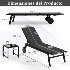 Conjunto de Espreguiçadeira jardim e Mesa de vidro temperado com Encosto ajustável com Rodas para jardim e exterior Cinzenta e Preto