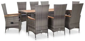 9 pcs conjunto jantar exterior c/ almofadões vime PE cinzento