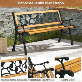 Banco de Jardim com 127,5 cm e Estrutura Metálica Fundida e Assento de Madeira Banco Ergonómico para 3 Pessoas para Jardim, Alpendre, Pátio