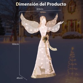 Anjo de Natal iluminado com 100 luzes brancas quentes, halo, laço e estacas para o solo 103 x 45 x 150 cm Branco + Dourado