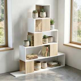 Estante de arrumação 120 x 22 x 131,5 cm, estante geométrica com 5 níveis, para escritório, sala de estar, quarto, em branco e madeira natural