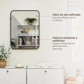 Espelho Casa de Banho 60x80 cm Espelho de Parede com Estrutura de Metal Vertical e Horizontal para Entrada Preto