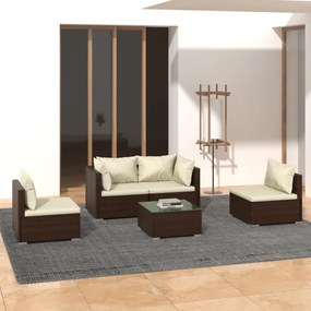 vidaXL 5 pcs conjunto lounge jardim c/ almofadões vime PE castanho